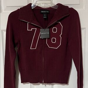 Arden B Burgundy Zip-Up Cardigan Sweater with White 78 Appliqué
